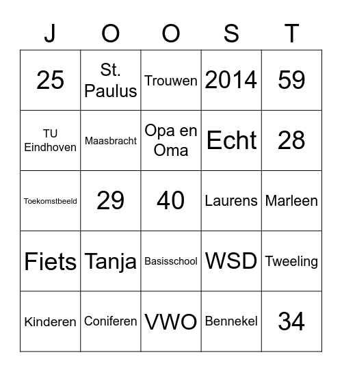 Joost 40! Bingo Card