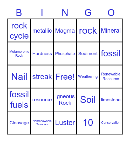 Rocks & Minerals Bingo Card