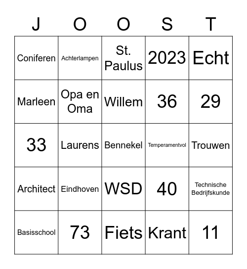 Joost 40! Bingo Card
