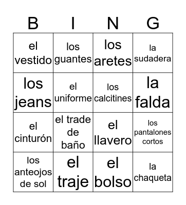 La Ropa Bingo Card