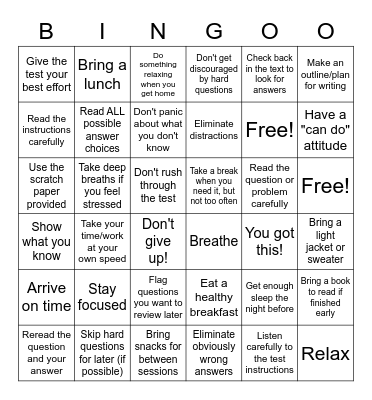 Test Taking Strategies Bingo Card