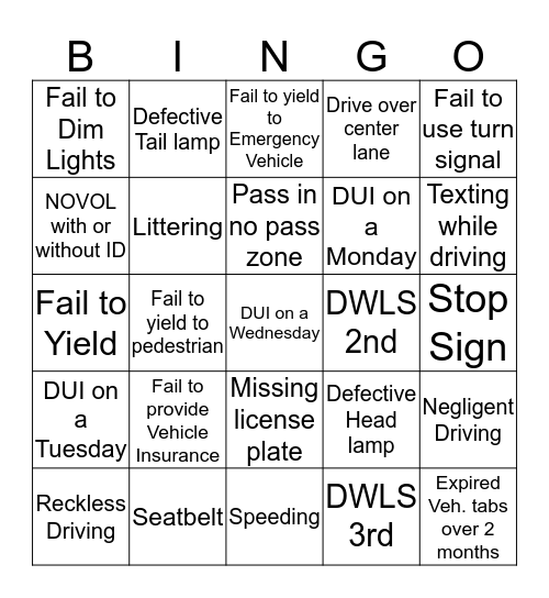 Traffic Stop Bingo Card