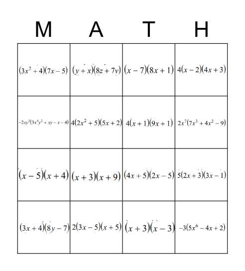 Factoring Bingo Card