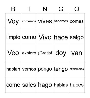 Regular verbs present tense Bingo Card