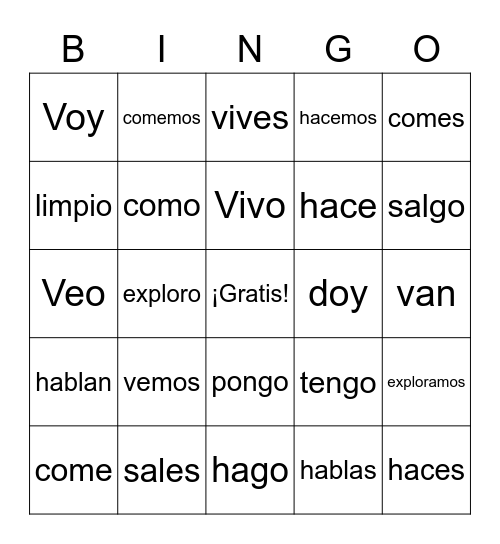 Regular verbs present tense Bingo Card