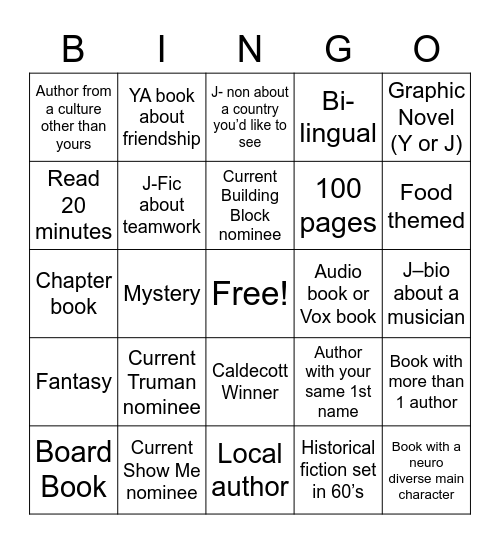 Librarian Reading Challenge Bingo Card