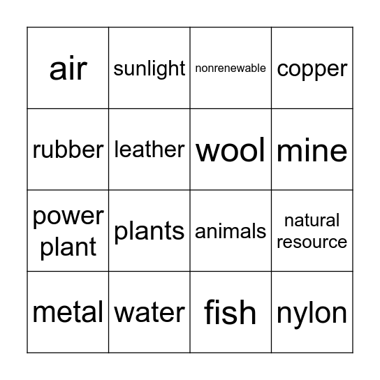 Materials and Natural Resources Bingo Card