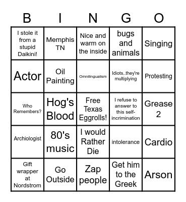 Roadhouse Family Bingo! Bingo Card