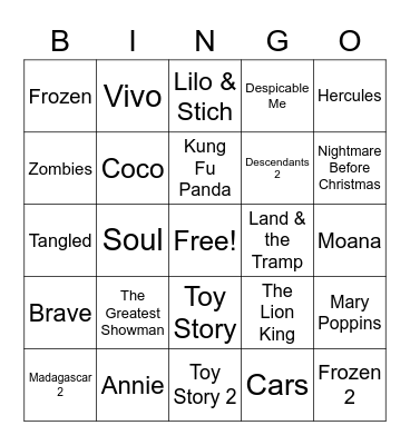 Kid Movie Hits Bingo Card