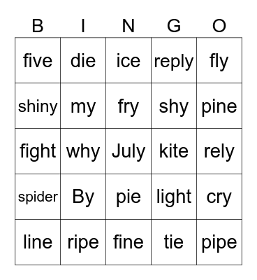 Long I Bingo Card