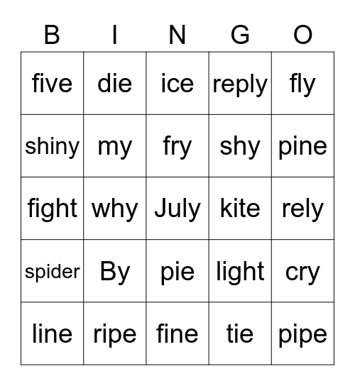 Long I Bingo Card
