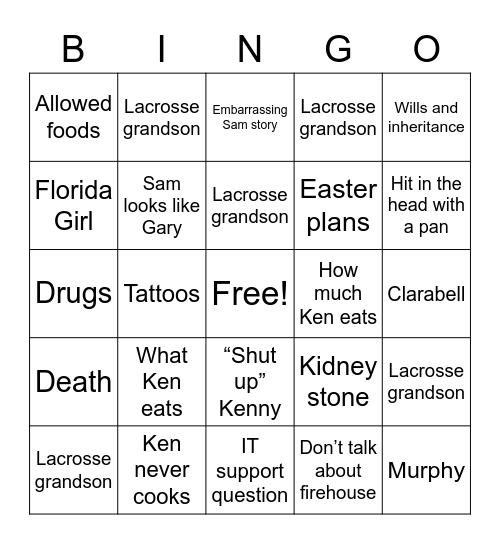 Family Dinner Bingo Card