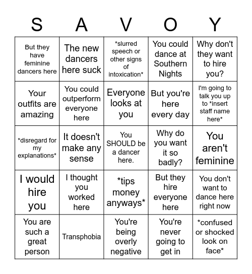 Mattie Should Be A Dancer At Savoy Bingo Card