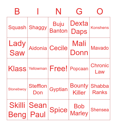 Carribean/Afro Beats Bingo Card