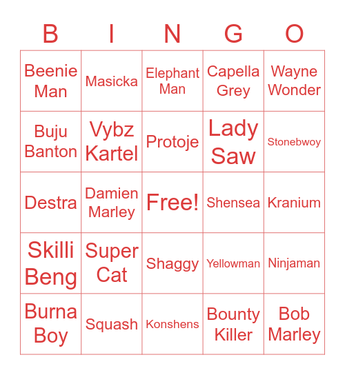 Carribean/Afrobeat Bingo Card