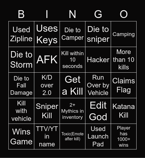 Fortnite Bingo Card