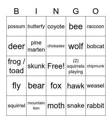 animal bingo Card