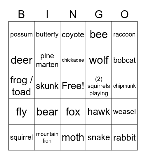 animal bingo Card