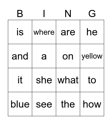 Sight Words Bingo Card