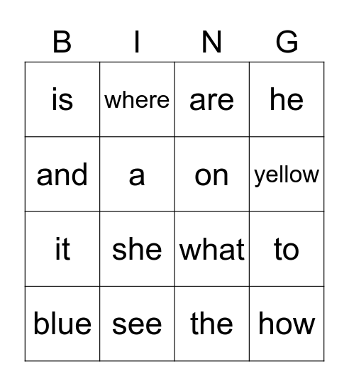 Sight Words Bingo Card