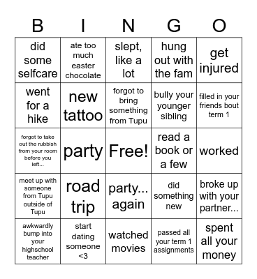 Mid-sem Break bingo Card