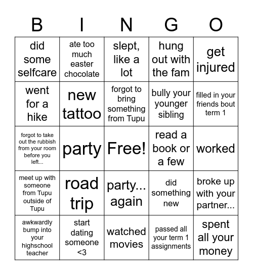 Mid-sem Break bingo Card