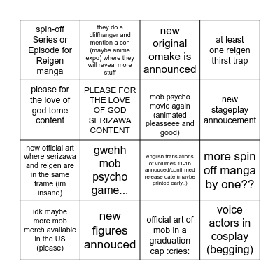 MOB PSYCHO GRADUATION EVENT PREDICTIONS Bingo Card