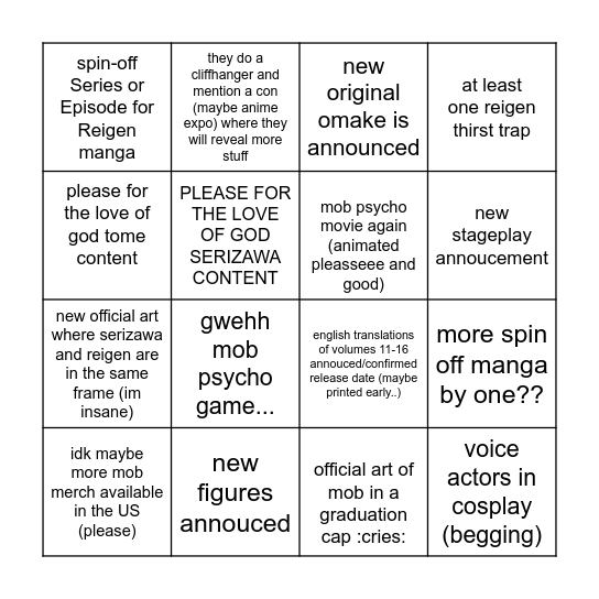 MOB PSYCHO GRADUATION EVENT PREDICTIONS Bingo Card