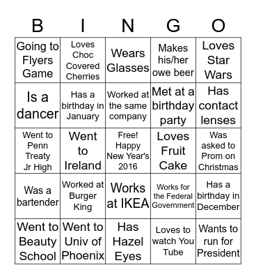New Year's Eve 2016 Bingo Card