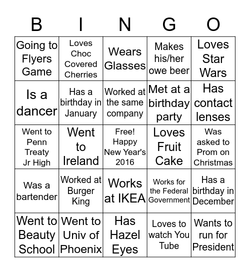 New Year's Eve 2016 Bingo Card