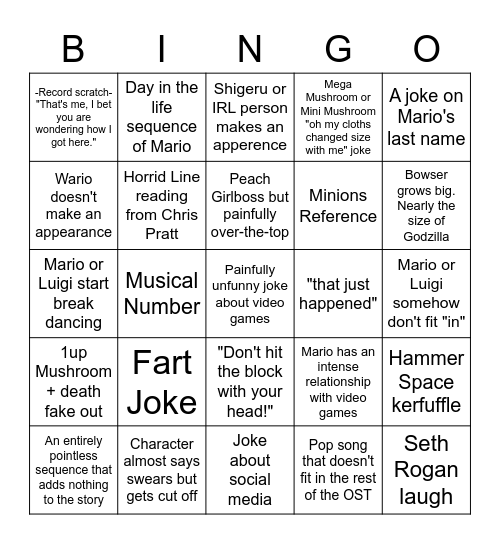 Super Mario Bros. Movie Bingo Card