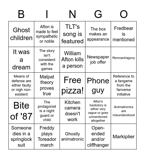 Filme FNaF Bingo Card