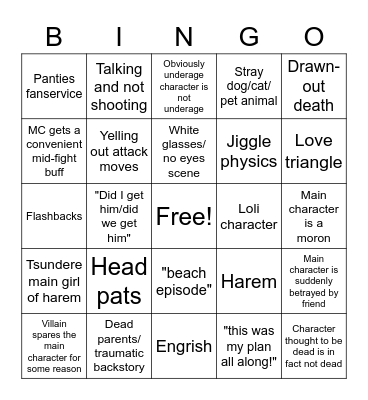 Anime tropes Bingo Card