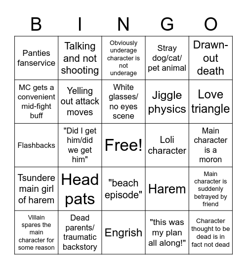 Anime tropes Bingo Card