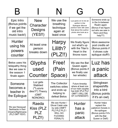 The Owl House Season 3 Watching and Dreaming Bingo (Pt 4) Bingo Card