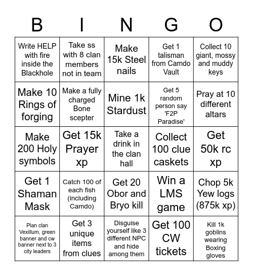 F2P Paradise Bingo Card