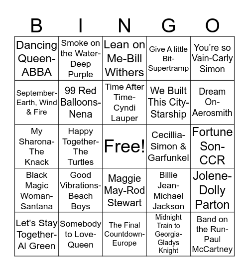 Musical Bingo Card
