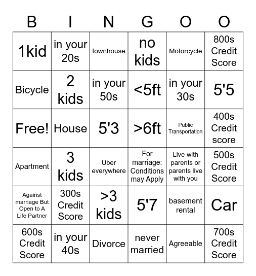 Dating Bingo Card