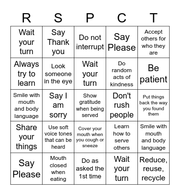 RESPECT Bingo Card