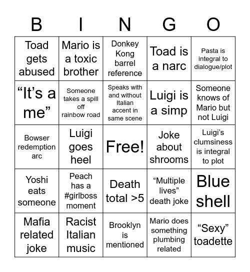 Super Mario Movie Bingo Card