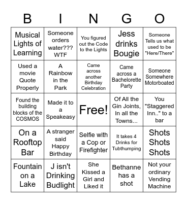 Jess's Birthday Bingo Card