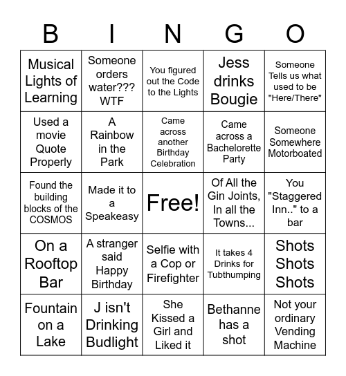 Jess's Birthday Bingo Card