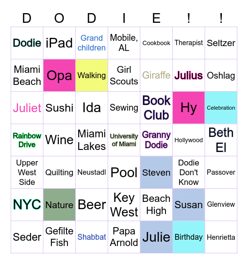 Dodie's Birthday Celebration Bingo Card