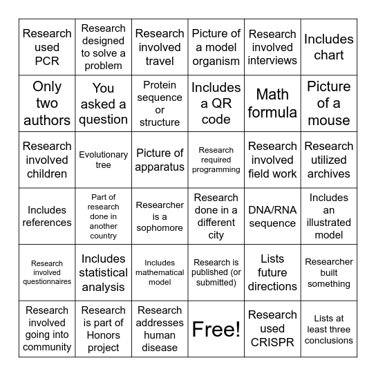 Research Fair Bingo! Bingo Card
