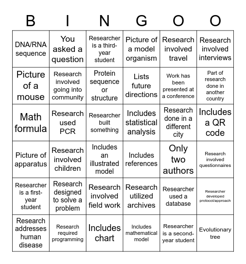 Research Fair BINGO Card