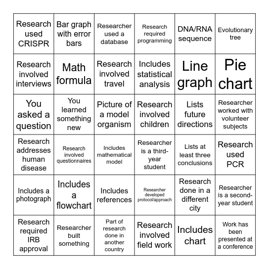 Research Fair BINGO Card