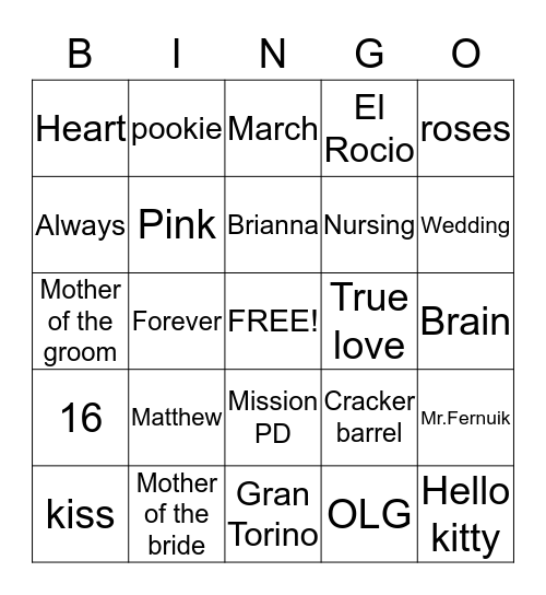 Bridal shower bingo Card