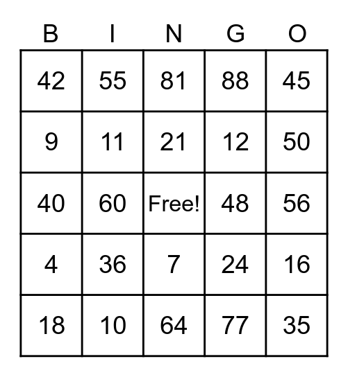 Multiplication Bingo Card