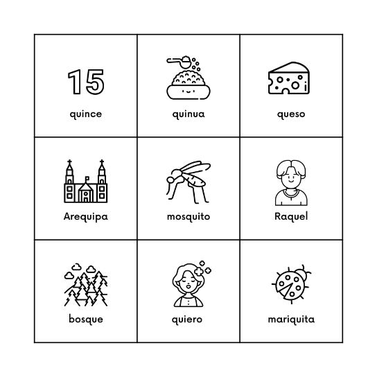 Palabras con "qu" Bingo Card