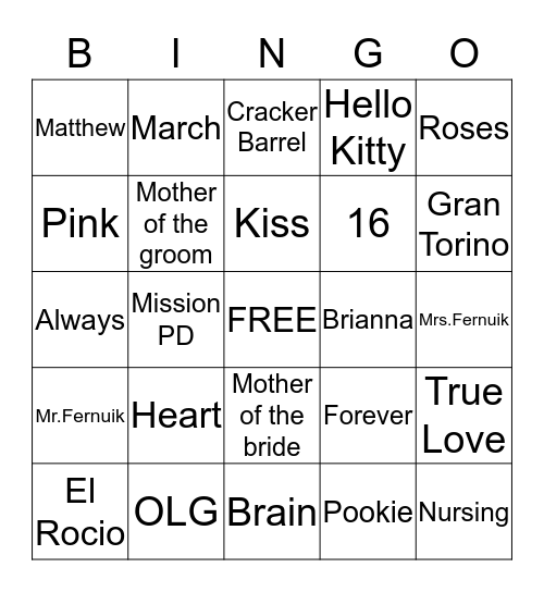 Bridal shower bingo Card